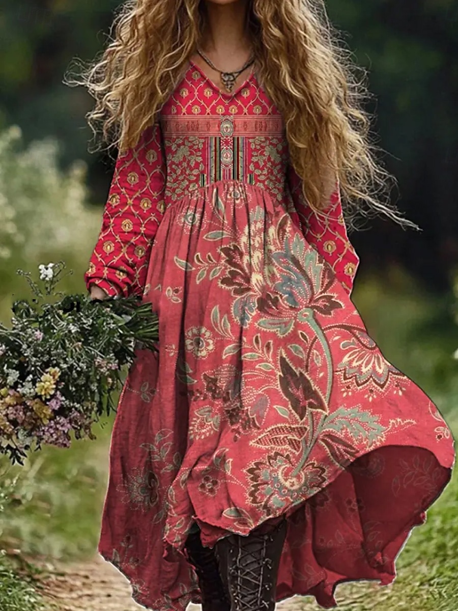 Per donna Abito maxi Abito a trapezio Vacanza Casual Boho Uscire Spiaggia Vestibilità comoda Floreale Grafico Paisley Manica Lunga Scollo a V Verde scuro Nero Vino Rosso Estate Primavera Autunno del 2025 a $35.99 –P4