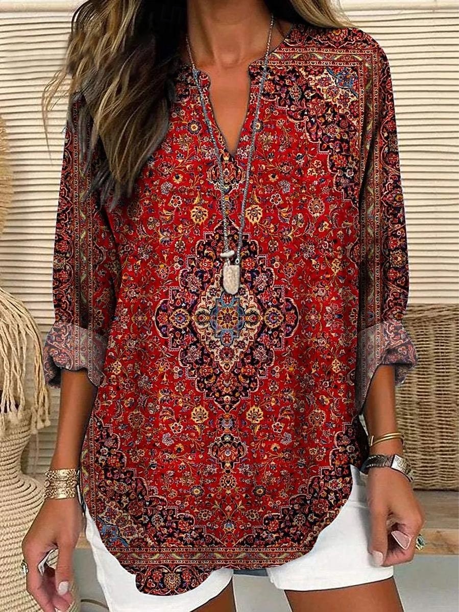 Women's Blouse Linen Like Breathable Lightweight Tunic V Neck Long Sleeve Boho Casual Graphic Paisley Vintage Tropical Regular Tops Daily Wear Print Red Blue Green 2026 - $32.99 –P1