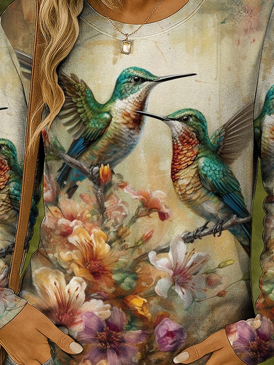 Femmes T-shirt Fleuri Graphique Oiseau ancien Élégant Classique manche longue Col ras du cou Col rond Hauts Réguliers Quotidien Week-end Imprimé Rose Claire Rouge Vert Printemps Automne de 2025 ? $22.99 –P3