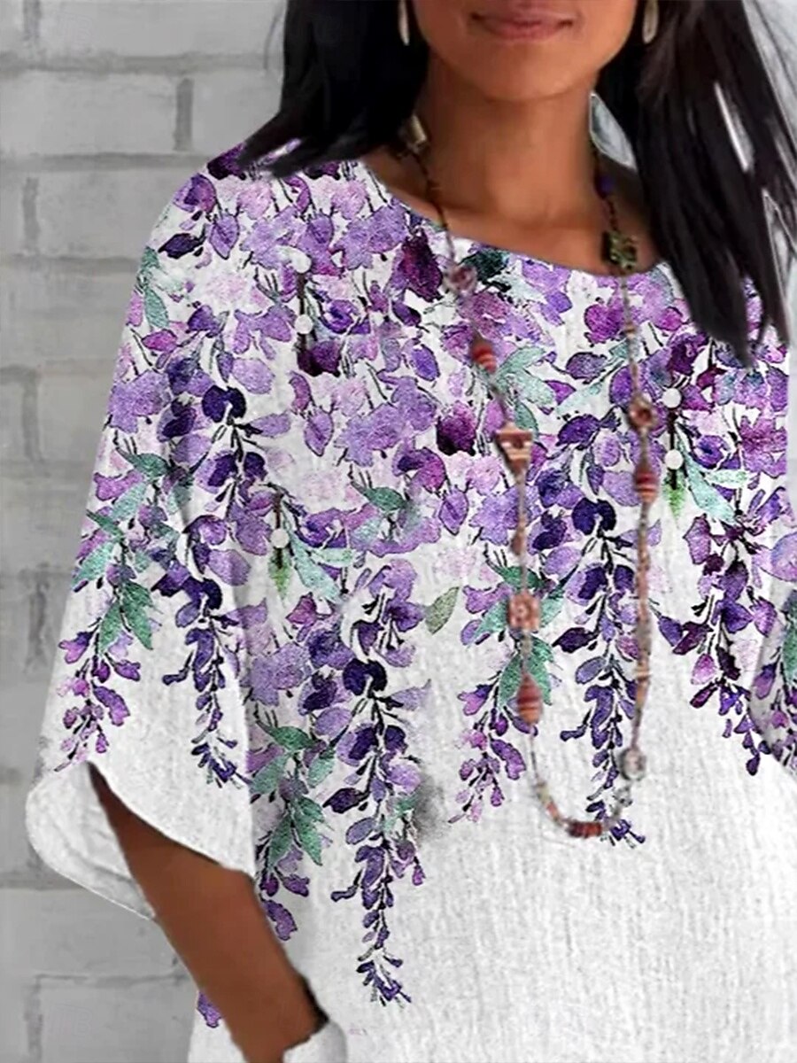 Per donna Maglietta Ombre Floreale Grafico Vintage Classico Casual Manica 3/4 Girocollo Top Regolari Quotidiano Weekend Abbigliamento mare Stampato Viola Estate Primavera Autunno del 2025 a $25.99 –P2
