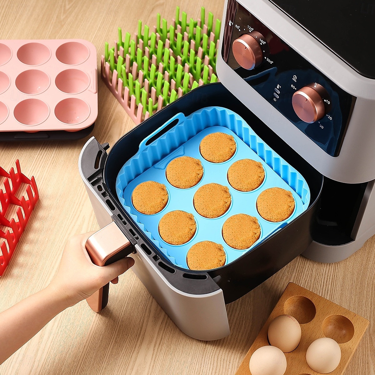 3pcs Reusable Silicone Air Fryer Liners Set Non-Stick Silicone Tray, Bacon Rack & 9-Cavity Mold for Eggs and Cupcakes Multi-Use Air Fryer Accessories 2025 - $20.99 –P8