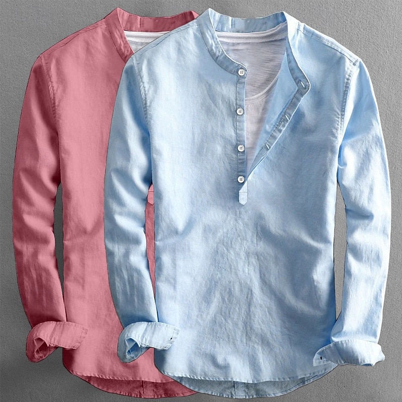 Homens Camisa de linho Camisa de colarinho de banda Camisa Popover camisa de verão Roupa de Praia Camisa casual Tecido Férias Casual Laranja + azul Rosa + Azul Marinho Branco + preto Rosa + azul de 2025 por $27.99 –P8