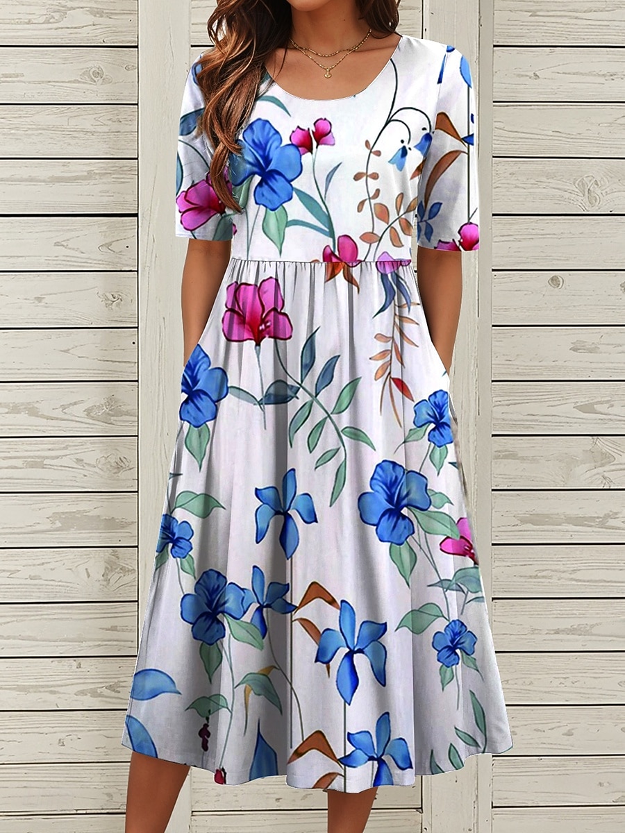 Dames Halflange jurk Zomerjurk Geplooide jurk Vakantie Casual Feestdagen Normale pasvorm Bloemig Grafisch Halve mouw Strakke ronde hals blauw Bruin Groen Zomer Lente 2025 - $31.99 –P1