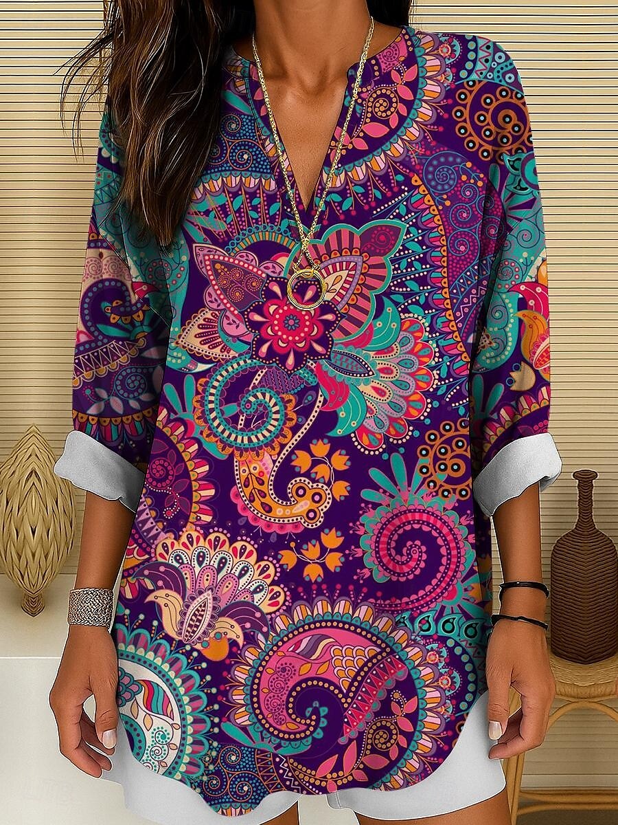 Femmes Chemisier Fleuri Graphique Paisley Bohème Basique Occasionnel manche longue Col en V Hauts Longs Quotidien Fête Boutons Imprimé Jaune Rose Claire Bleu Violet Vert Été Printemps Printemps de 2025 ? $24.99 –P1