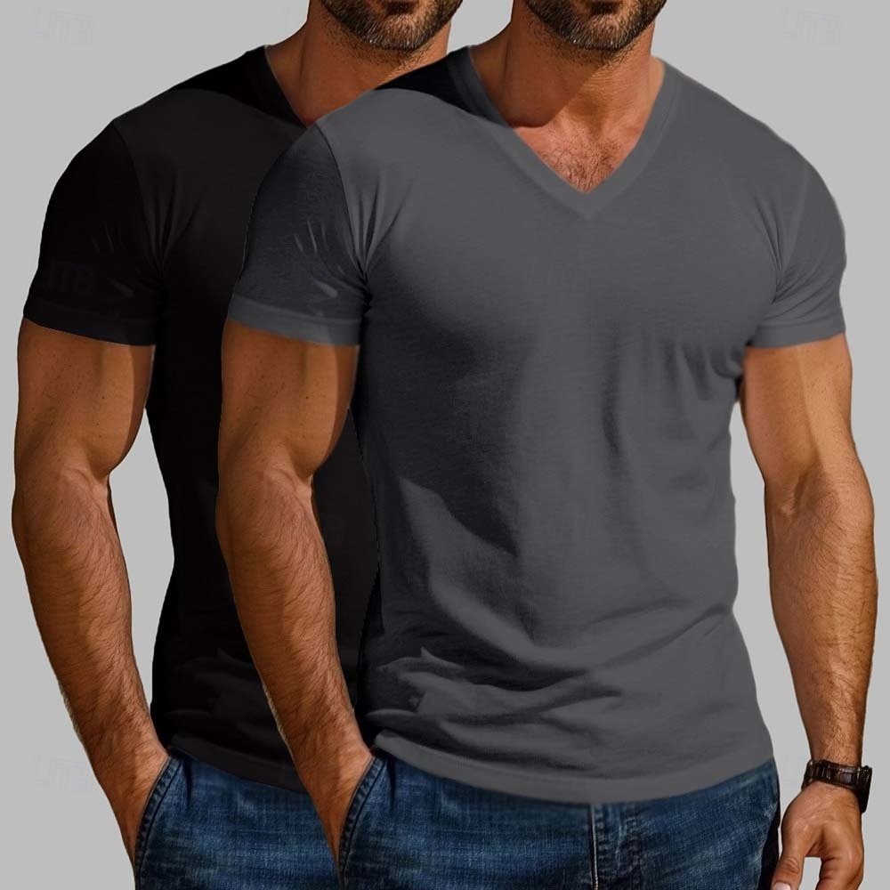 Maglietta da uomo in misto cotone, 2 pezzi, manica corta, scollo a V, estiva, per tutte le stagioni, tinta unita, semplice, stile designer, moderno, contemporaneo, scollo a V, confezione multipla, per vacanze, strada, casual, blu scuro, bianco e blu. del 2026 a $20.99 –P3