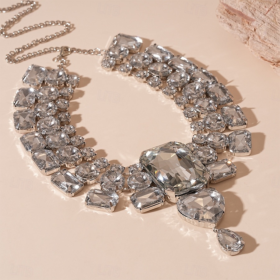 Gargantilla y pendientes de cristal plateado con declaración para mujer: joyas glamurosas con diamantes de imitación grandes para fiestas, bodas y eventos formales. 2025 - $14.99 –P3