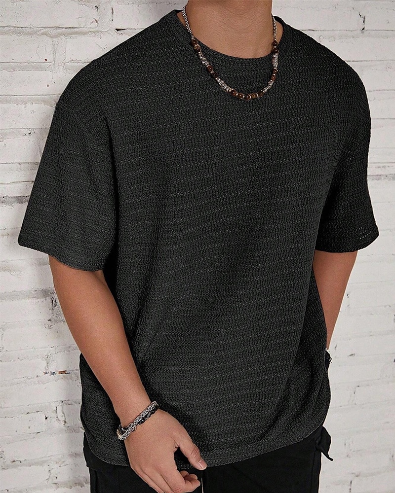Homme T-shirt Chemise à manches courtes Manche Courte Col ras du cou Été Uni Mode Designer Basique Jacquard Vacances Rue Sortir Noir Blanche Kaki T-shirt haut de gamme pour homme de 2025 ? $14.49 –P11
