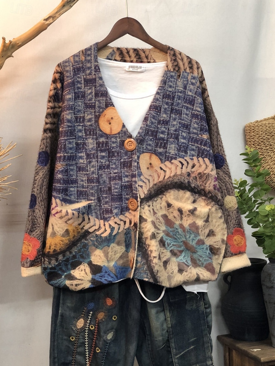 Damen Pullover Strickjacke Elegant Mode Streetwear Blumen Grafik Gerippt V Ausschnitt Tasche Gestrickt Druck Langarm Normale Oberteile Stricken Outdoor Täglich Wochenende Rote Blau Herbst Winter 2025 - $44.99 –P1