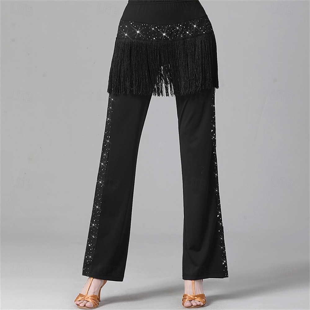Dames Latijns-Amerikaanse dansbroek met pailletten en franjes – lange, wijde broek voor jitterbug- en matrozendansen &ballroomvoorstelling/oefening 2026 - $46.99 –P6