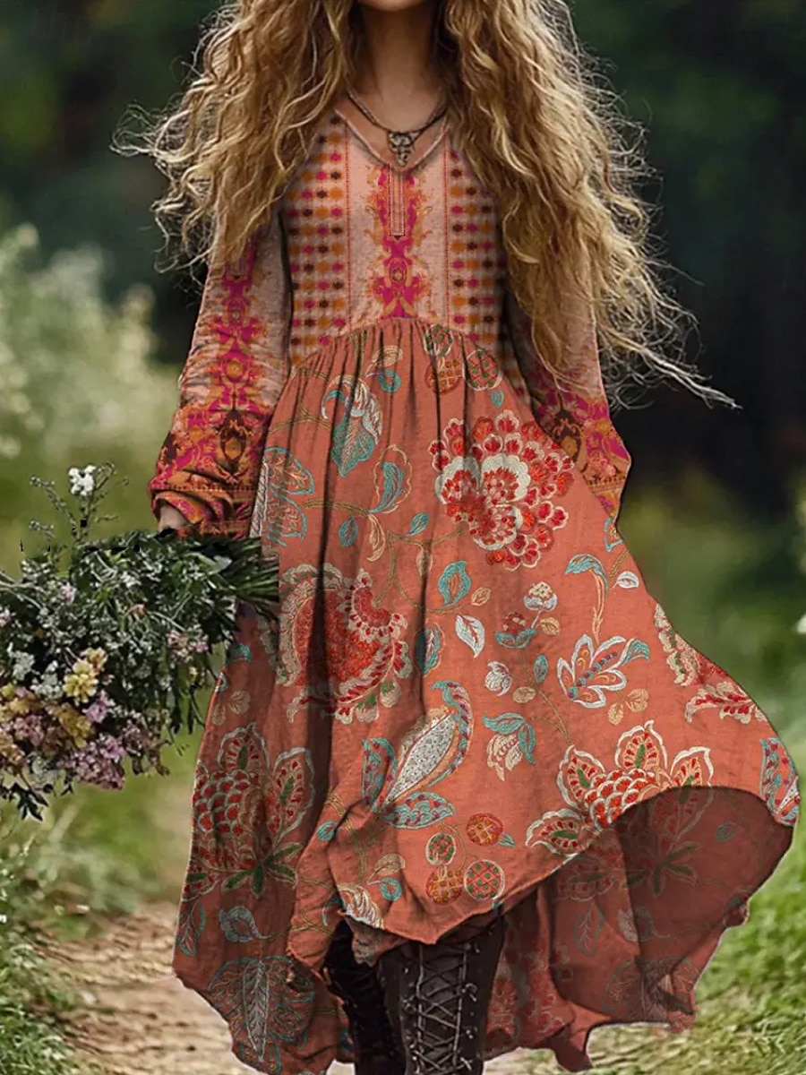 Per donna Abito maxi Abito a trapezio Vacanza Casual Boho Uscire Spiaggia Vestibilità comoda Floreale Grafico Paisley Manica Lunga Scollo a V Verde scuro Nero Vino Rosso Estate Primavera Autunno del 2025 a $35.99 –P2