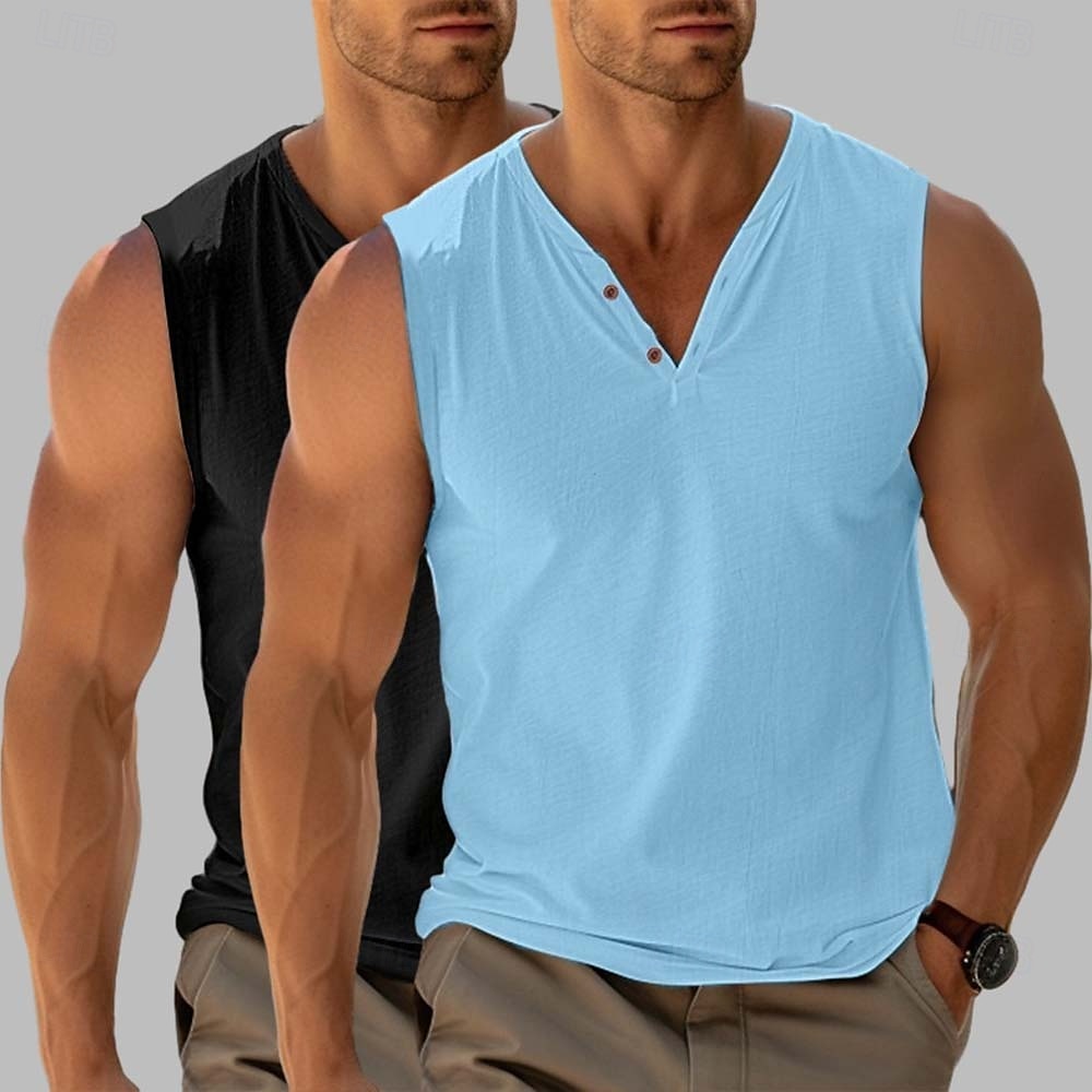 Férfi Henley ing Tee Top Ujjatlan Rövid ujjú V-alakú Nyár Sima Divat Dizájn Alap 2 db Vakáció Utca Hétköznapi Fekete + Fekete Fehér + khaki Fekete+ Khaki Férfi felső póló 2025 - $23.99 –P8