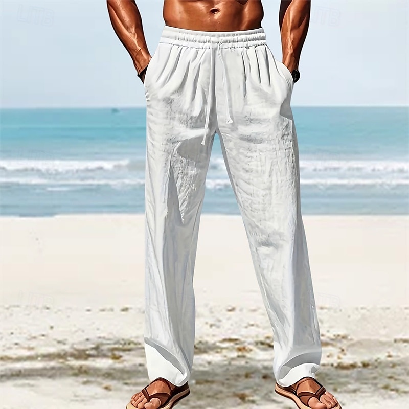Men's Linen Pants Trousers Summer Pants Beach Pants Pocket Elastic Waist Drawstring Plain Comfort Breathable Vacation Daily Holiday Hawaiian Boho White Dark Red 2025 - $18.99 –P6