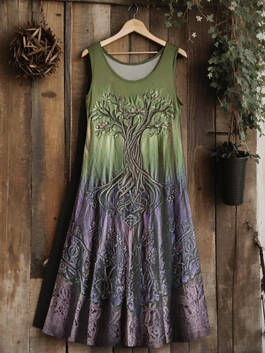 Vestido midi vintage viking com nó celta gradiente feminino, vestido de verão, linha A, casual, boho, festa de casamento, praia, corte regular, floral, gráfico, folha, sem mangas, gola em U de 2025 por $21.99 –P4