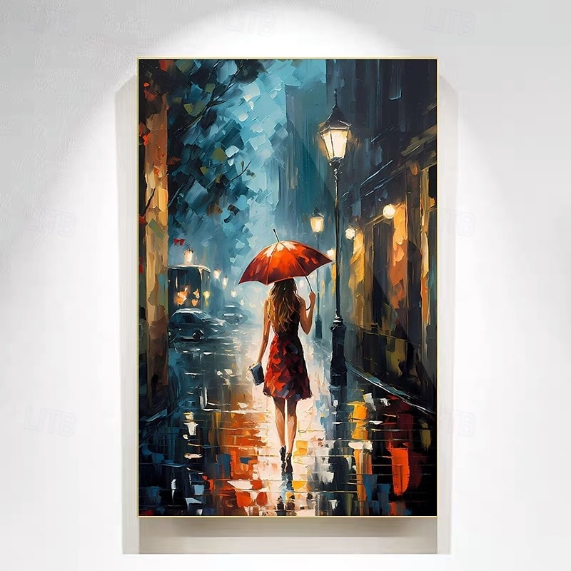 Lienzo pintado a mano de una chica en una ciudad lluviosa, con una chica en la calle bajo un paraguas y una lluvia, decoración abstracta, pared de una chica en la ciudad de Nueva York, arte de pared 2025 - $170.99 –P5