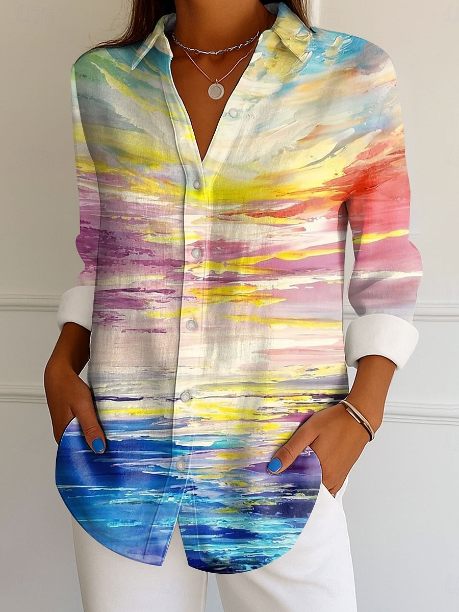 Dames Overhemd Ombre Grafisch Elegant Vintage Tropisch Lange mouw Overhemdkraag Normale tops Werk Dagelijks Knop Afdrukken Geel Blozend Roze blauw Paars Zomer Lente 2025 - $32.99 –P3