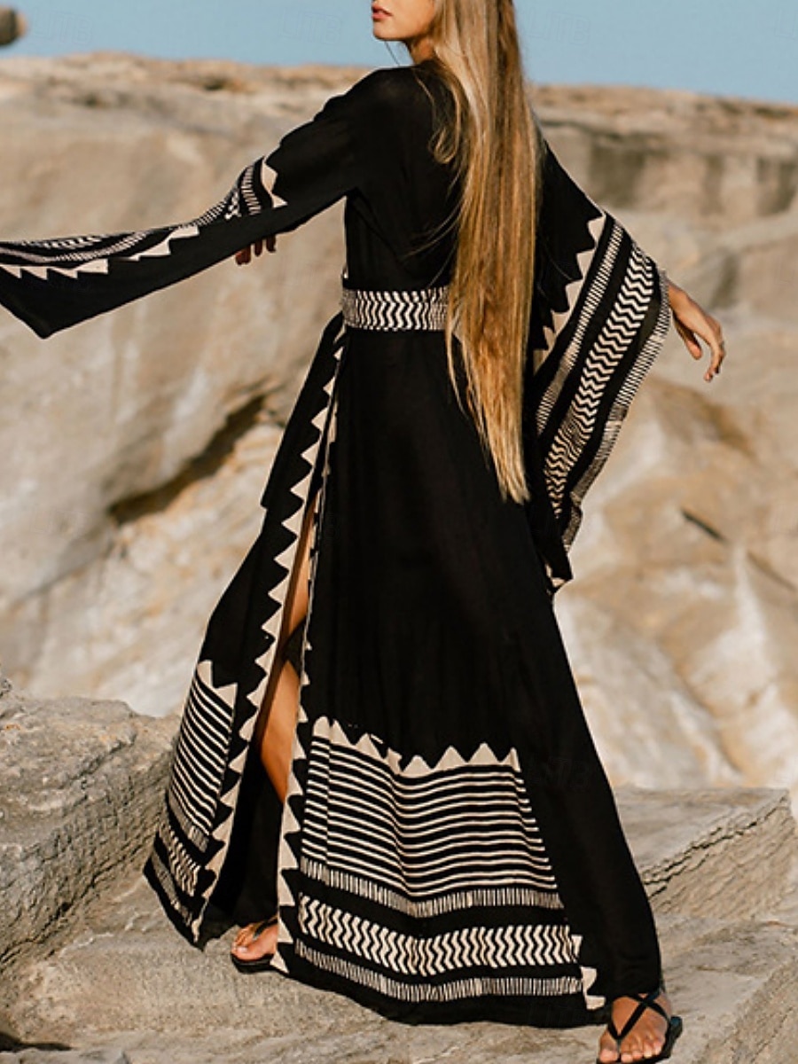 Langes Damenkleid Maxikleid Boho-Kleid Freizeitkleid Swing-Kleid Sommerkleid Vintage Urlaub Alltag Strand Regular Fit Geometrisch 3/4-Ärmel V-Ausschnitt Schwarz Sommer Frühling Herbst 2025 - $25.99 –P4
