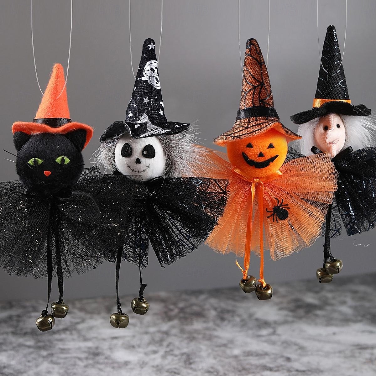 Závěsná ozdoba na halloweenskou panenku čarodějnice, kreslený zvonek s tylovou sukní, dýně, duch a plyšové přívěsky s černou kočkou pro vnitřní i venkovní halloweenské párty a domácí dekorace 2025 - $9.99 –P5