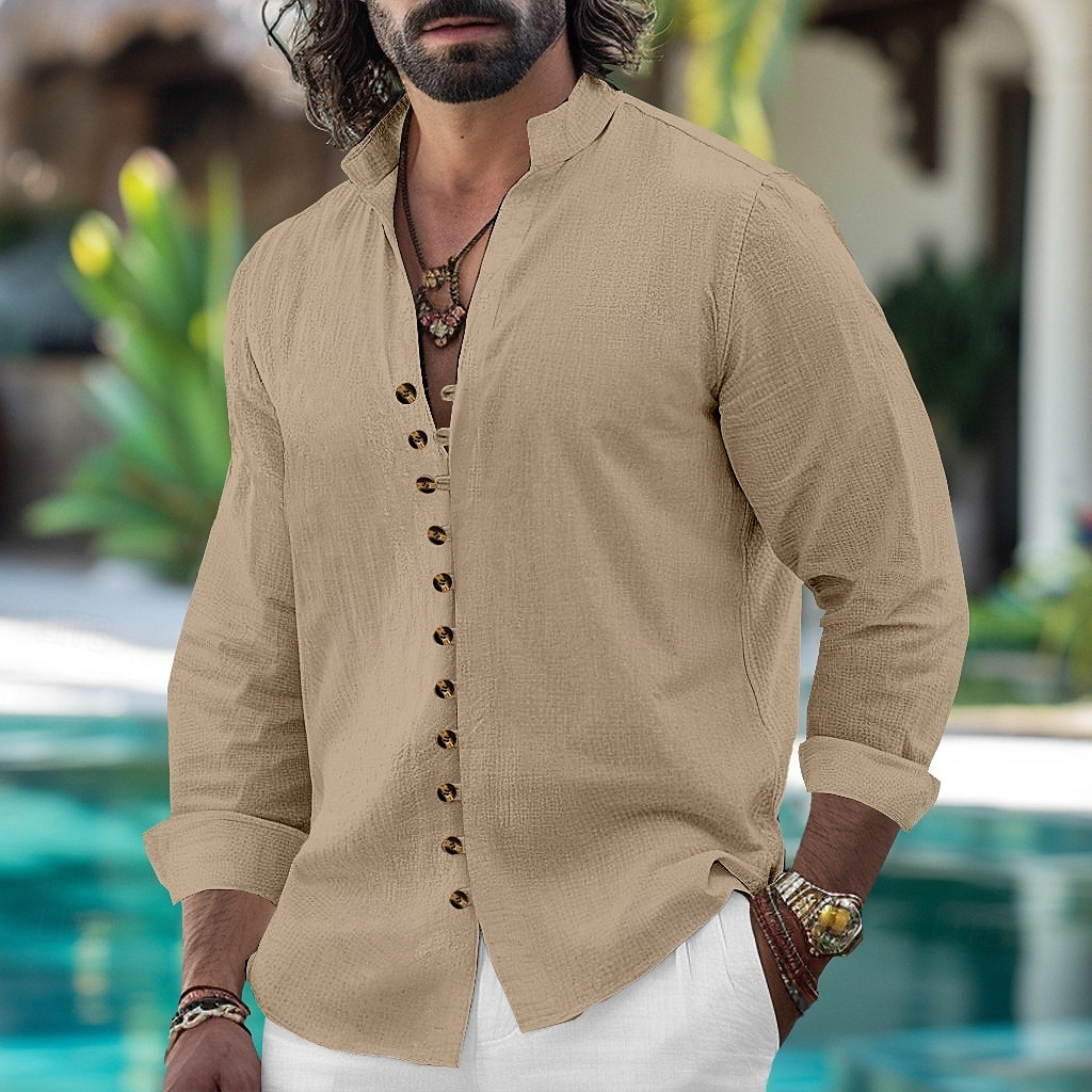 Per uomo Camicia Camicia di lino Camicia Estiva Camicia casual Camicia con Bottoni Semplice Vacanza Crociera Nero Bianco Rosa Azzurro cielo Manica Lunga Colletto alla coreana Primavera & Autunno del 2025 a $23.99 –P6