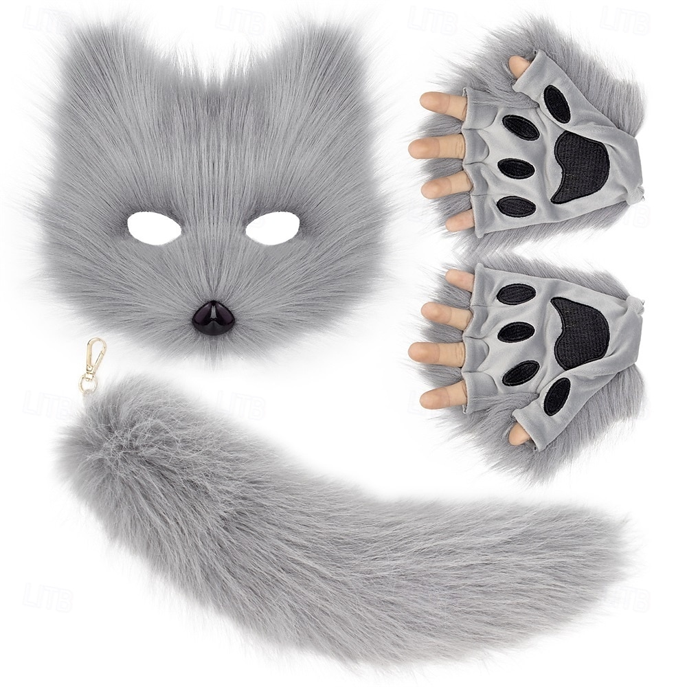 Karvainen ketunaamari, hanskat ja häntä – käsintehdyt cosplay-asusteet, eläinnaamio, häntä ja hanskat halloweeniin, juhliin ja roolileikkeihin 2025 - $43.99 –P6