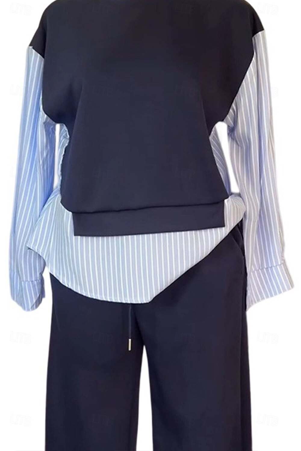Femmes Élégant ancien Quotidien Ensembles de Pantalons manche longue Col rond Rayé Patchwork Vacances Travail Occasionnel Bleu Printemps Coupe Ample de 2025 ? $52.99 –P7