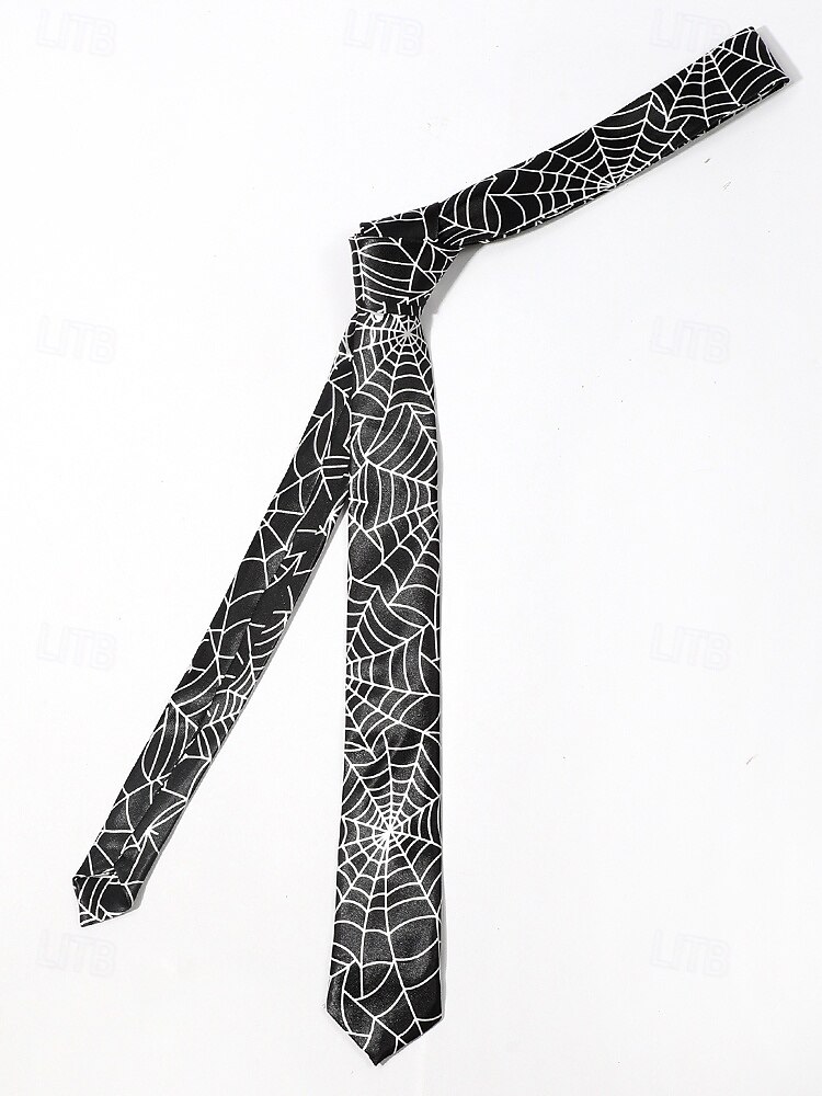 Cravatta da uomo con stampa ragnatela di Halloween – cravatta sottile in raso bianco e nero, elegante accessorio per feste, cosplay, eventi formali e abiti da ufficio per Halloween del 2025 a $9.99 –P5