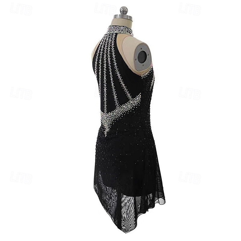 Kunstschaatsjurk Dames Voor meisjes Schaatsen Jurken Zwart Lapwerk Open achterkant Netstof Spandex Rekbaar Opleiding Oefenen Professioneel Kunstschaatskleding Thermisch Warm Kristal / Bergkristal 2025 - $179.99 –P3