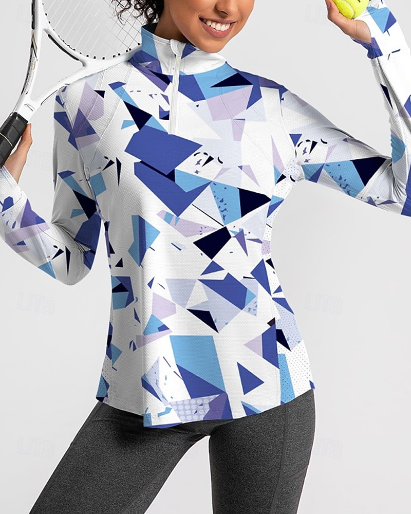 בגדי ריקוד נשים גיאומטרי חולצת POLO חולצת טניס שרוול ארוך דפוס רבע מיקוד Pullover הגנת UV אלסטי נושם טניס גולף פיקלבול צווארון רוכסן חולצה Polo ורוד כחול בגדי טניס 2026 - $25.99 –P7