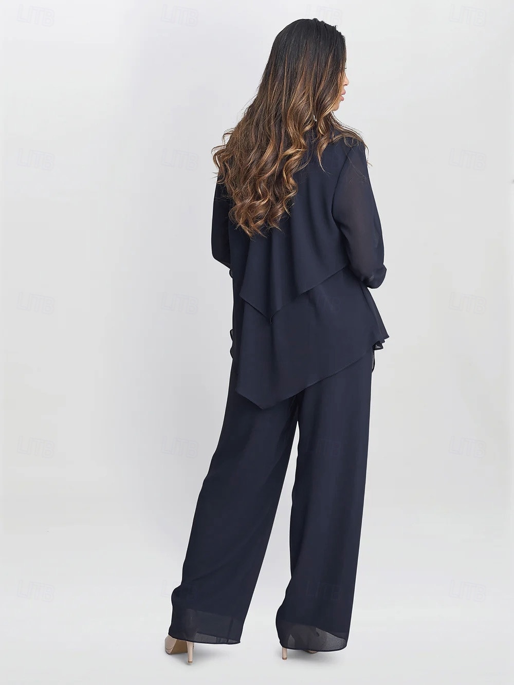 3 Piece Mother of the Bride Pantsuits Elegant Simple Luxurious Square Neck Floor Length Chiffon 3/4 Length Gathered Sleeve with Crystals Cascading Ruffles 2025 2025 - $135.99 –P4