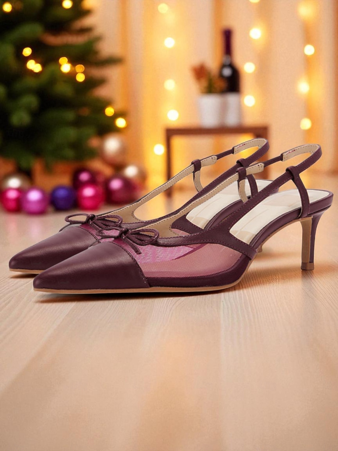 Women's Burgundy Mesh Slingback Heels - Pointed Toe Kitten Heels with Bow Detail for Formal Events and Nightlife Parties 2025 - $42.99 –P3