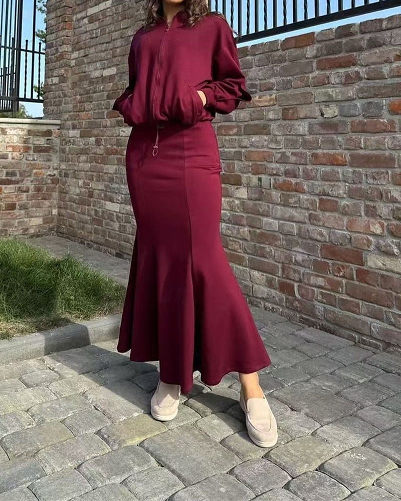Femmes Robe Ensemble Robe d'été Robe Midi Occasionnel Uni Fermeture éclair Robe maxi manche longue Col en V Extérieur Date Noir Vin Café Été Coupe Ample de 2025 ? $34.99 –P2