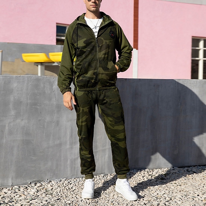 Per uomo Felpa con cappuccio Tuta da Ginnastica Felpa con cappuccio a zip intera Tuta da Allenamento Verde militare Cachi Grigio Con Cappuccio Mimetico 2 Pezzi Sport & Outdoor Quotidiano Ferie del 2025 a $42.99 –P9