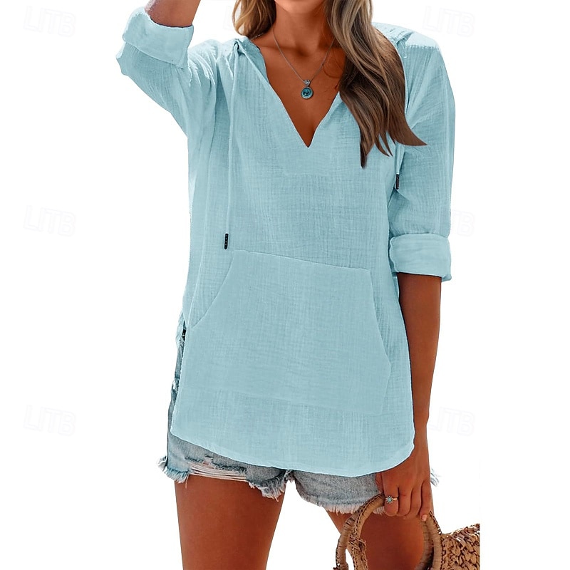 Pentru femei Cămașă Bluză Simplu Modern Casual Manșon Lung În V Topuri obișnuite Zilnic Concediu Buzunar Blush Pink Negru Alb Bleumarin Albastru celest Toamnă 2025 - $21.99 –P3