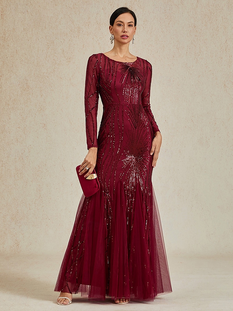 Dame Maxikjole Havfruekjole Elegant Fest Formelt Cocktailfest Normal Helfarge Langermet Crew-hals Burgunder Vår Høst Vinter 2025 - $179.99 –P1