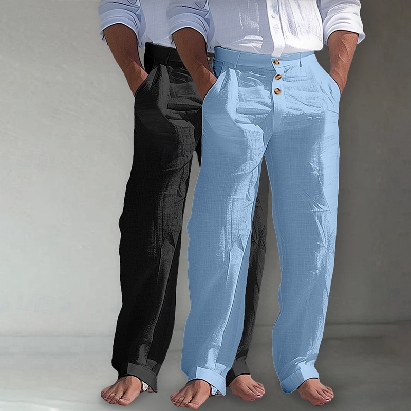 2026年 男性用 リネンパンツ ズボン サマーパンツ ビーチパンツ フロントポケット まっすぐな足 マルチパック 平織り 履き心地よい 高通気性 全長 アウトドア ビジネス 日常 旅行度假风 ファッション ホワイト+カーキ カーキ+ブラック 伸縮性なし  コレクション – $35.99 –P16