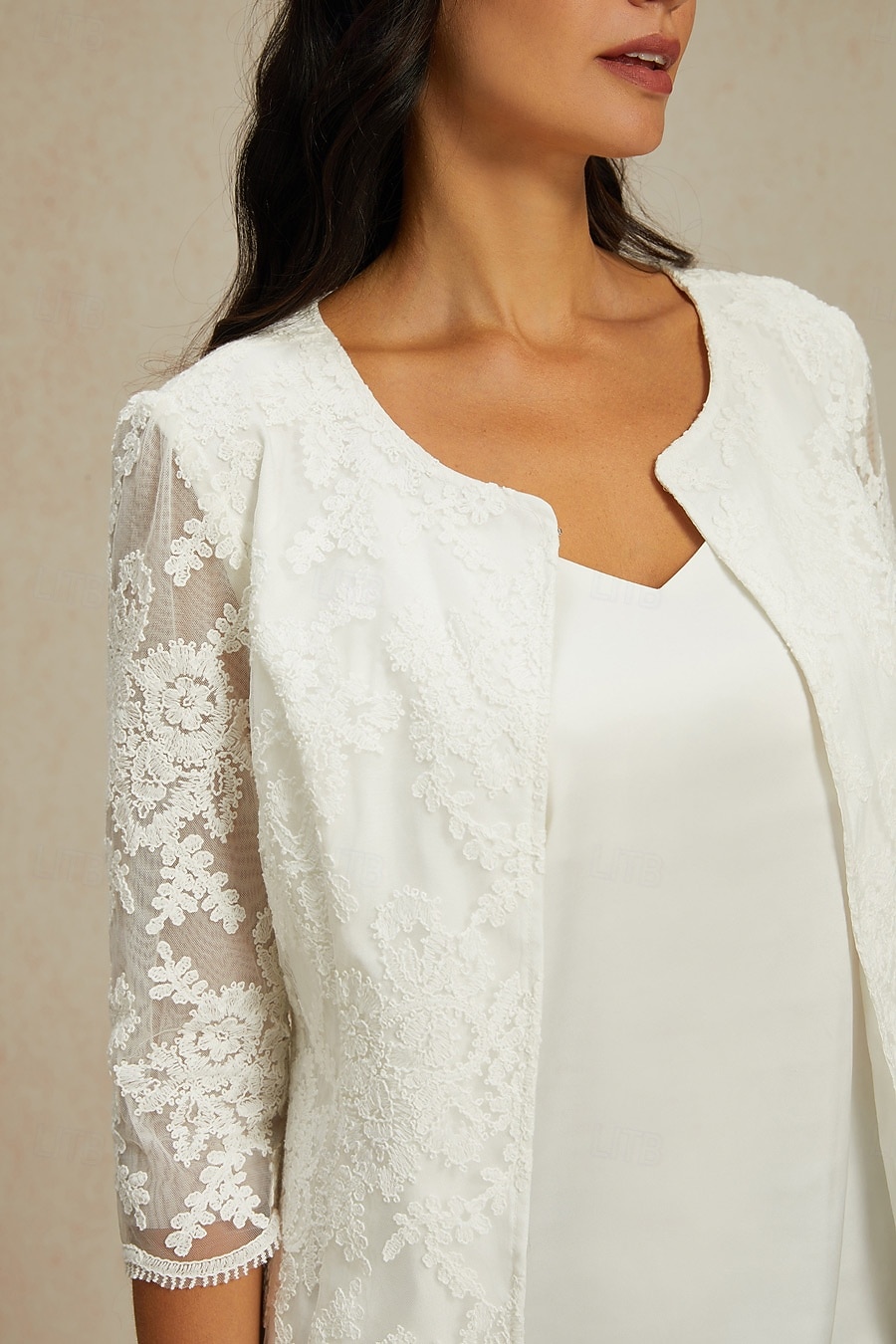 Женский кружевной жакет-блейзер из сетки, элегантный, с рукавами длиной 3/4, круглым вырезом, обычные топы для свадьбы, гостей, работы, повседневной носки, кружева белого цвета, весна-осень 2026 - €21.59 –P3
