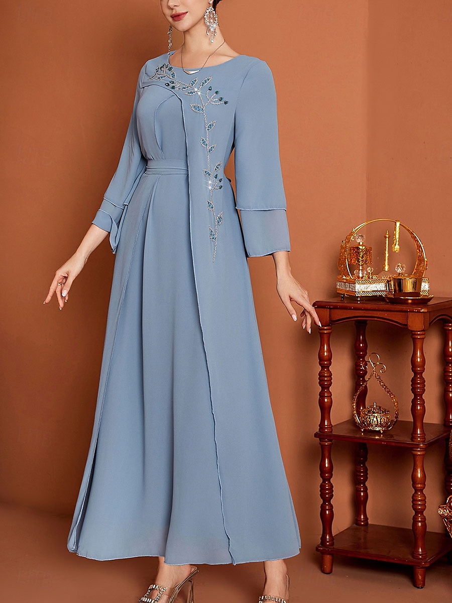 A-Line Mor til Bruden Kjole Elegant V Utringning Gulvlengde Chiffon Lang Erme med Belte Bånd Krystaller 2025 - $119.99 –P4