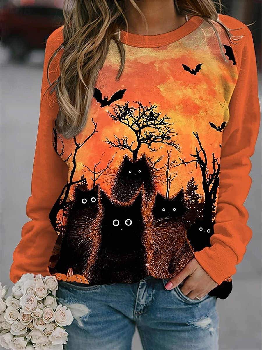 Halloween Women's Sweatshirts Graphic Casual Long Sleeve Crew Neck Regular Tops Casual Black Yellow Orange Fall 2025 - $28.99 –P1