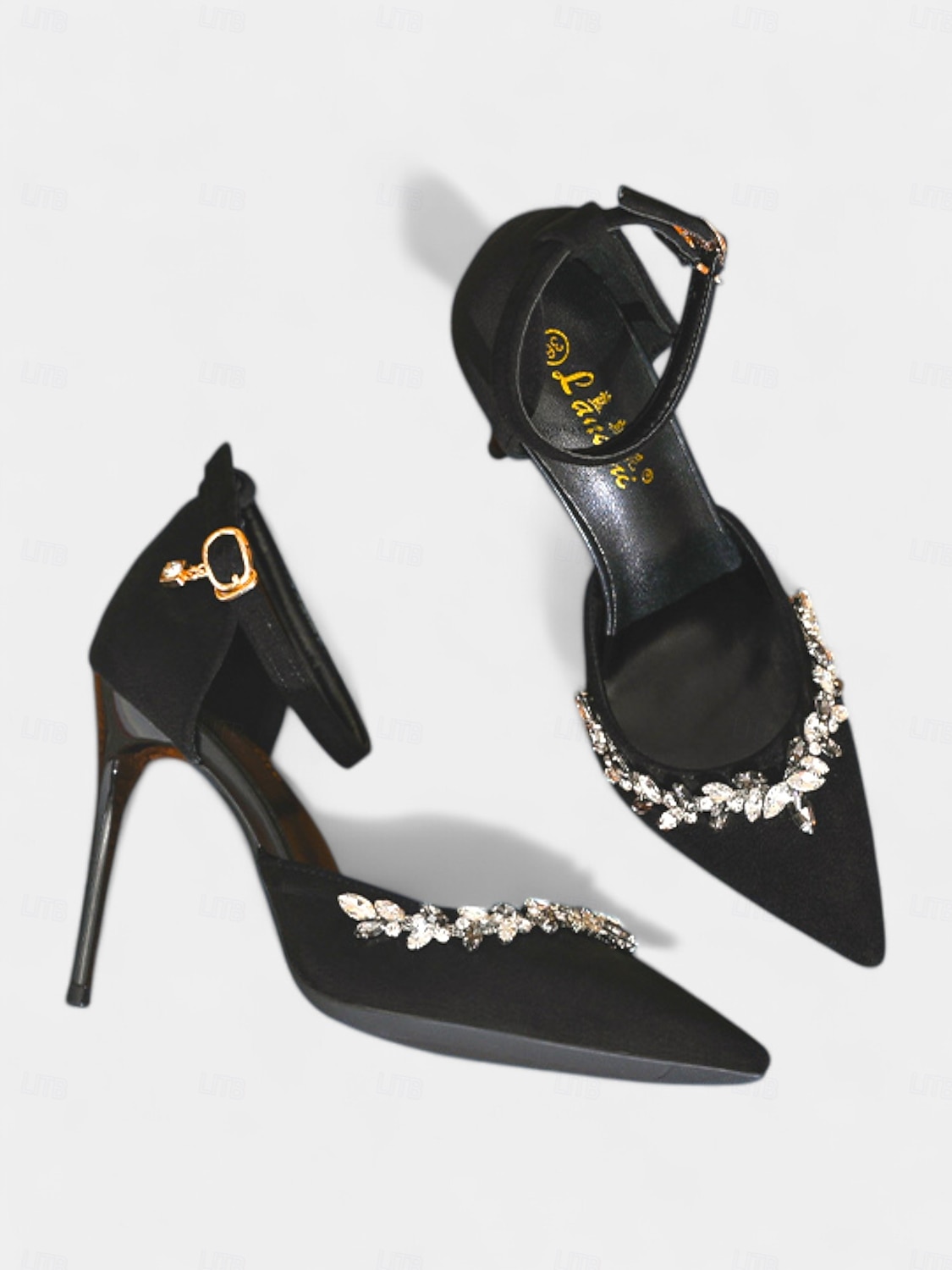 Dámské černé saténové jehlové podpatky se špičatou špičkou, křišťálovými ozdobami a páskem na kotníku - elegantní společenské boty na koktejlové a večerní akce 2026 - $46.99 –P2