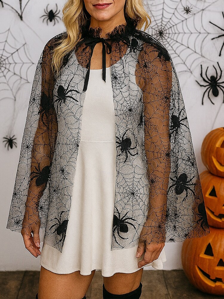 Mantello ragnatela di Halloween da donna: scialle in rete nera trasparente con colletto arricciato, mantello leggero in poliestere per feste in maschera, cosplay e travestimento da strega del 2025 a $14.99 –P1
