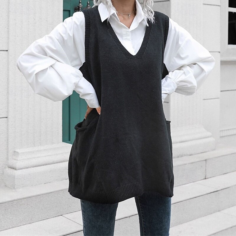 Femmes Pull Occasionnel Couleur Unie Épais Col en V Tricoté Sans manches Hauts Réguliers Tricoter Quotidien Fête Sortir Noir Automne Hiver de 2025 ? $23.99 –P2