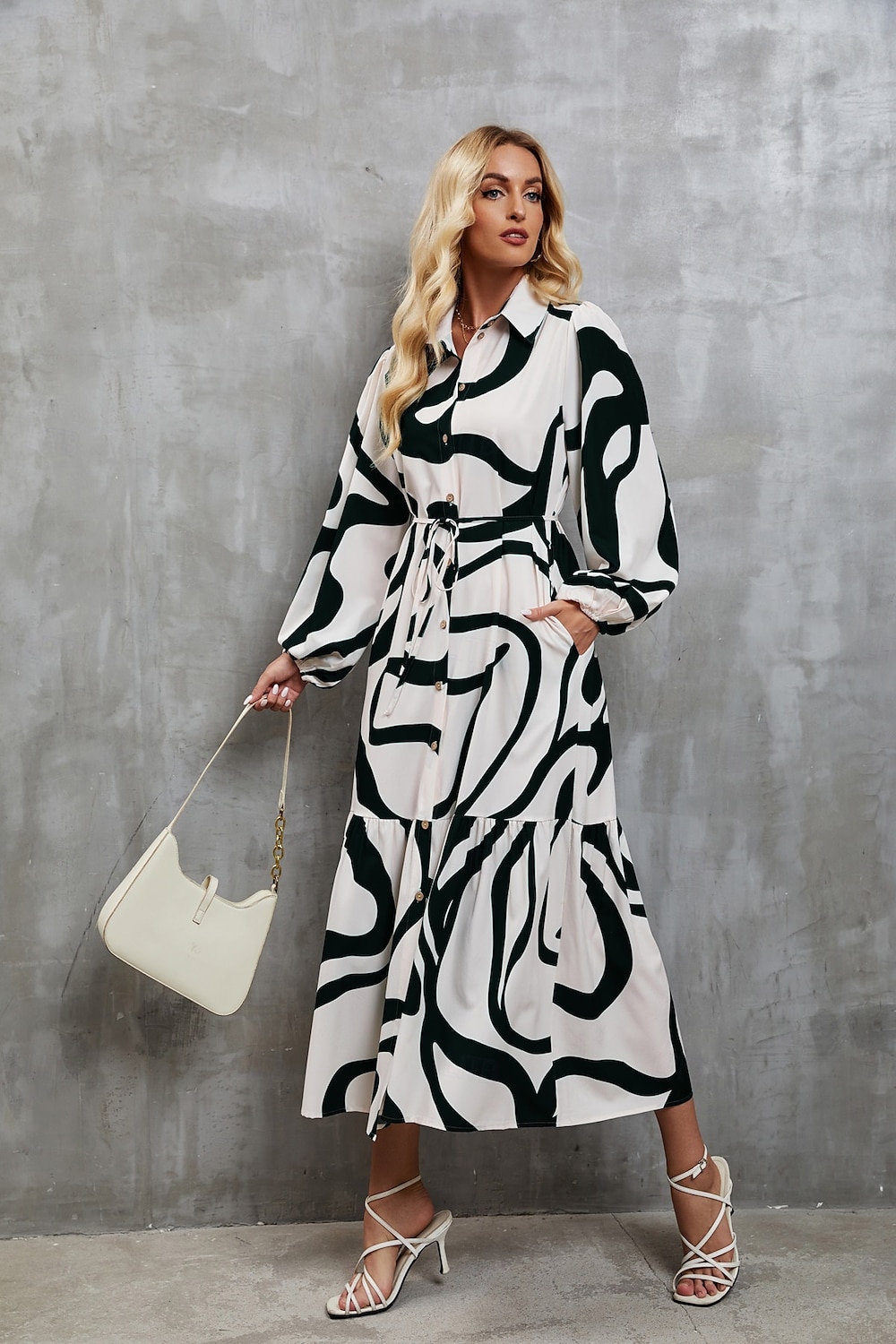 Dames Maxi-jurk A lijn jurk Vakantie Feest Casual Feest Dagelijks Afspraakje Normale pasvorm Abstract Lijn Lange mouw Overhemdkraag Zwart-wit print Groene en witte print Zomer Lente Herfst 2025 - $32.99 –P2