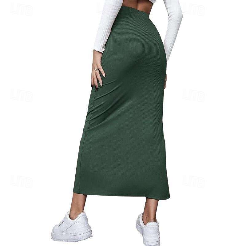 Dames Rok Casual Maxi Medium taille Rokken Effen Gespleten punten Micro-elastisch Vakantie Straat Zwart Rood Licht Bruin Bruin Zomer Polyester 2025 - $17.99 –P16