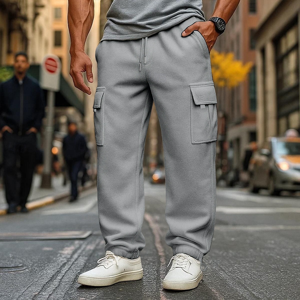 Herren Fleecehose Jogginghose Hose Cargo-Jogginghose Elastischer Bund Kordelzug Mehrere Taschen Einfarbig Winddicht Außenbereich Volle Länge Lässig Täglich Urlaub Mode Schwarz Weiß 2025 - $22.99 –P2
