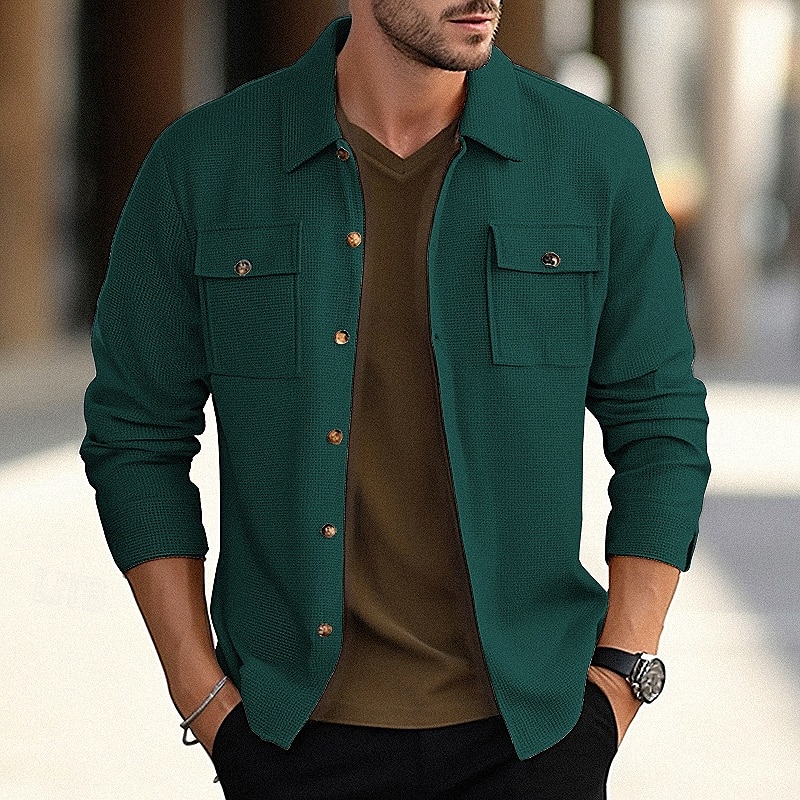 Homens jaqueta leve Jaqueta Waffle Jaqueta de Camisa Jaqueta casual Férias Diário Respirável Bolsos Primavera Outono Tecido Moda Clássico Lapela Padrão Preto Branco Vinho Verde Escuro cáqui Casaco de 2025 por $26.99 –P13