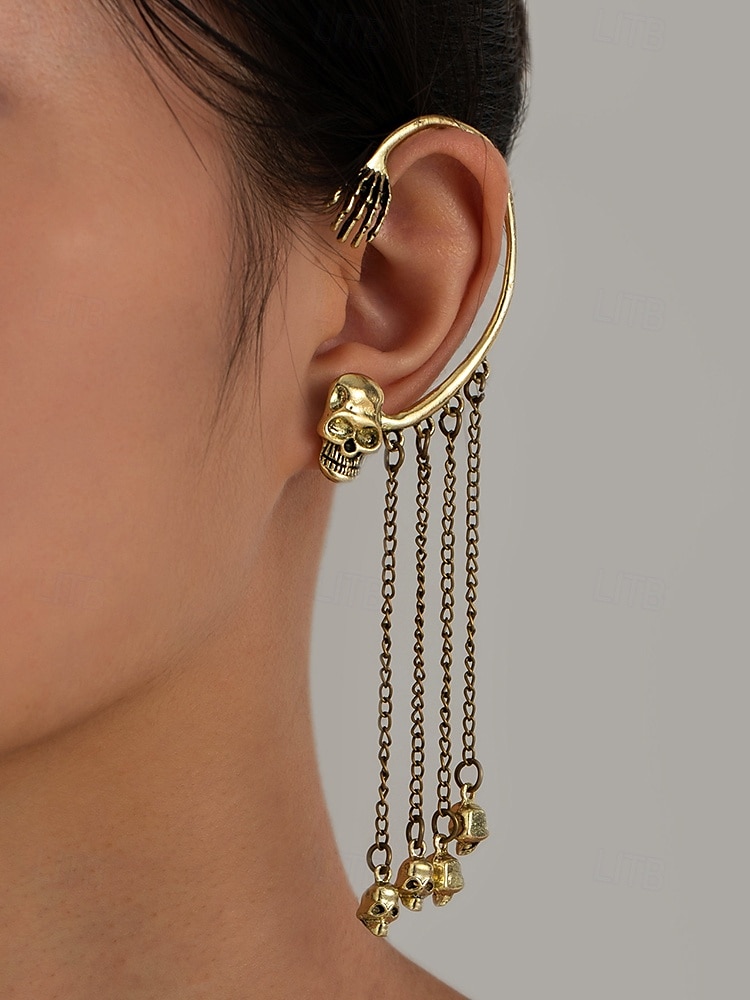 Women's Halloween Skeleton Skull Drop Earrings Set – Gothic Punk Ear Cuffs with Dangling Chains for Costume Party & Cosplay 2025 - $9.99 –P4