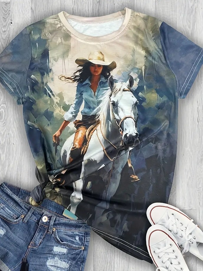 Femmes T-shirt Graphique Animal Cheval ancien Élégant Classique Manche Courte Col ras du cou Col rond Hauts Réguliers Quotidien Week-end Imprimé Noir Blanche Bleu Bleu Poudré Été Printemps de 2025 ? $19.99 –P4