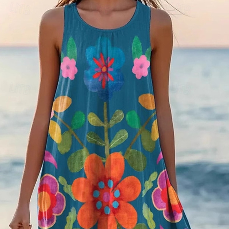 Femmes Robe Midi Robe Décontractée Robe d'été Mode Moderne Quotidien Plage Week-end Coupe régulière Fleur Sans manches Col ras du cou Bleu Été Printemps de 2025 ? $21.99 –P2
