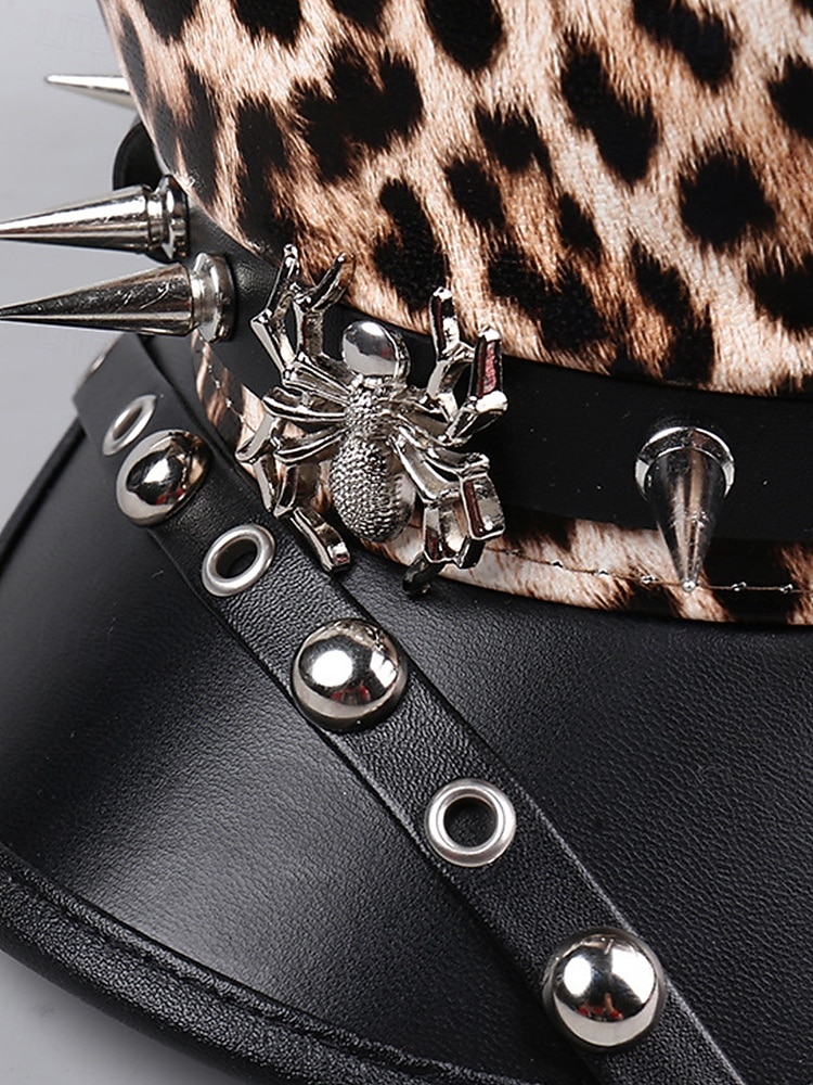 Boné militar feminino com estampa de leopardo para Halloween – chapéu gótico punk de couro sintético com pontas e tachas de aranha, acessório para festa à fantasia e cosplay para uma noite assustadora de 2026 por $14.99 –P11