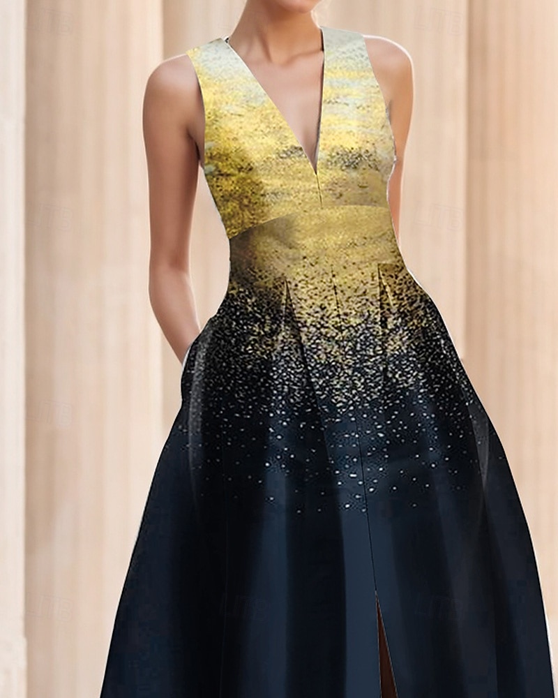 Arany és Fekete Jacquard Ruha A-vonalú Estélyi Ruha Elegáns Ruha Formális Esküvő Padlós Ujjatlan V Nyak Szatén Hasíték Zsebbel 2025 - $149.99 –P2