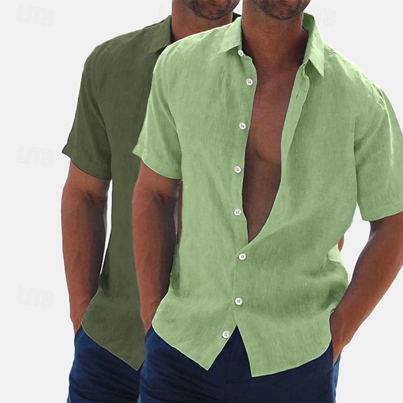 Herren Leinenhemd Sommerhemd Strandbekleidung Knopfhemd Hemden zum Herausstecken Einfarbig Urlaub Kreuzfahrt Grün + grau Weiß + Khaki Khaki + Schwarz Grün+Khaki Kurzarm Umlegekragen Sommer Bekleidung 2025 - $27.99 –P12